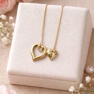 Double Heart Pendant Necklace 14K Gold Chain Romantic Jewelry Delicate Feminine